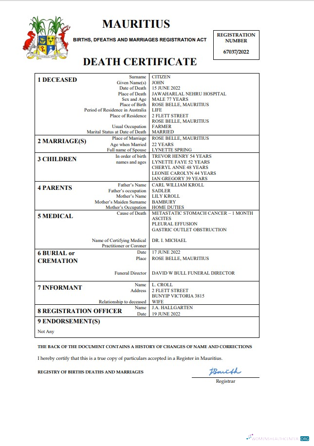 Download Mauritius death certificate Word and PDF template, completely editable Photoshop template
